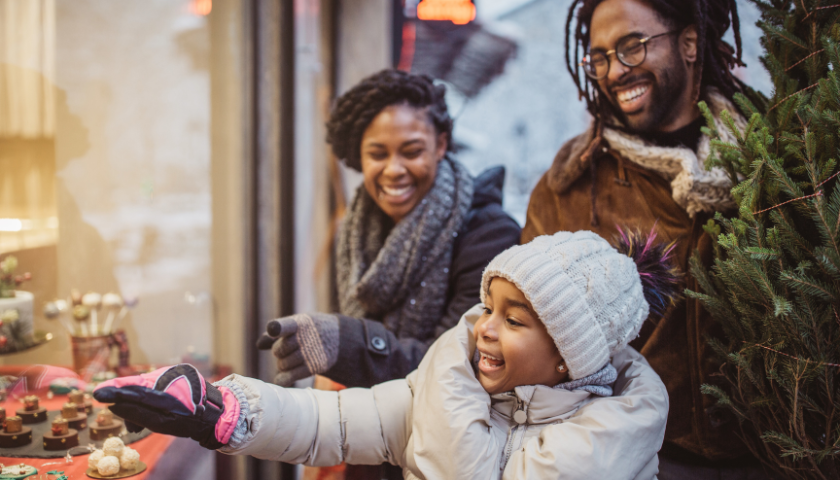 family doing some outdoor holiday window shopping